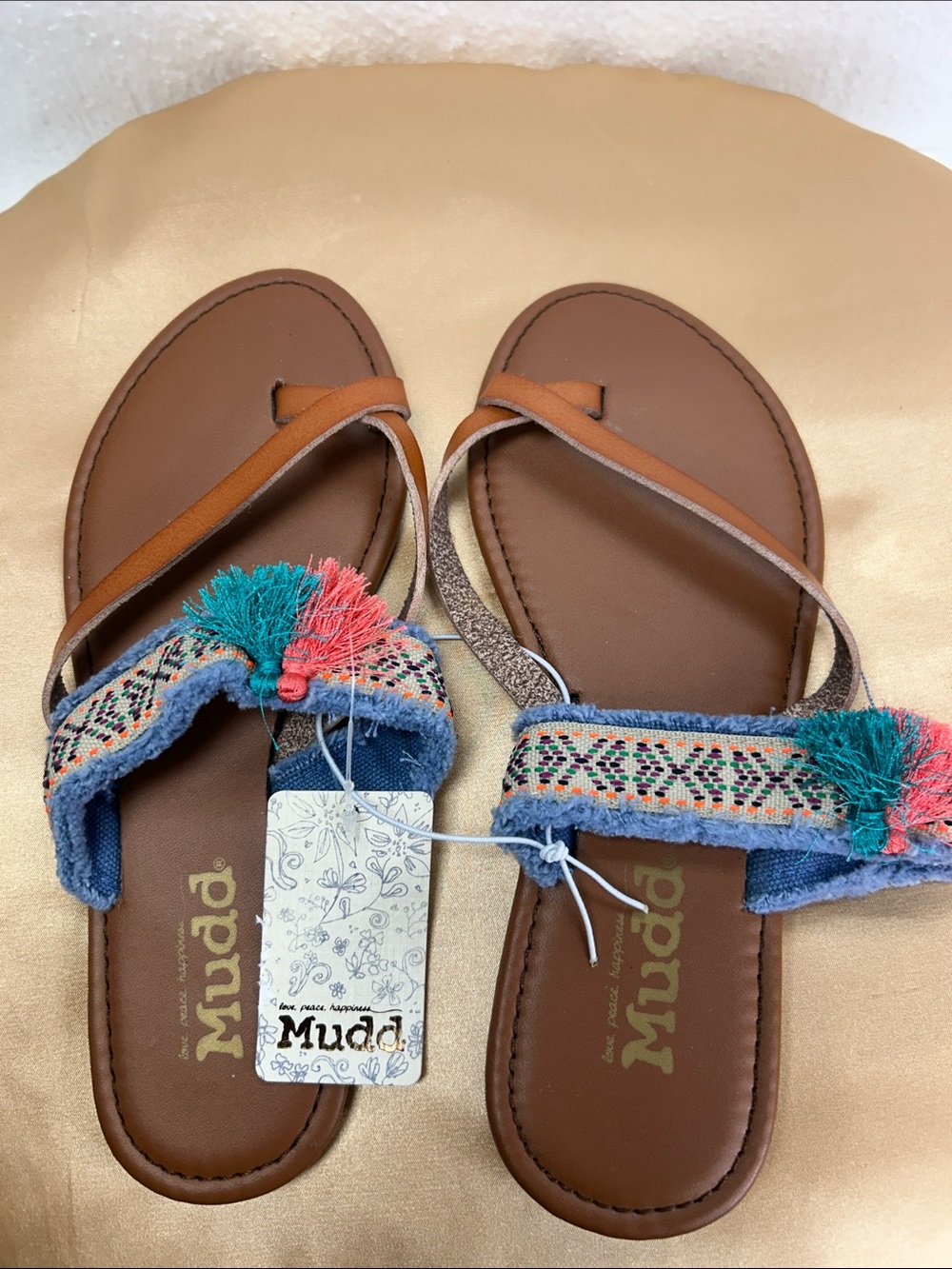 Mudd Brown Footbed Denim Strap Tassel Sandals